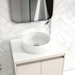 Royal Bathrooms Orion 600mm Warm Taupe Floor Standing Plain White Countertop Vanity Unit 2 Door With Round Basin & Chrome Accent Trim - thumbnail 5
