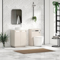 Royal Bathrooms Orion 600mm Warm Taupe Floor Standing Plain White Countertop Vanity Unit 2 Door With Round Basin & Chrome Accent Trim - thumbnail 3