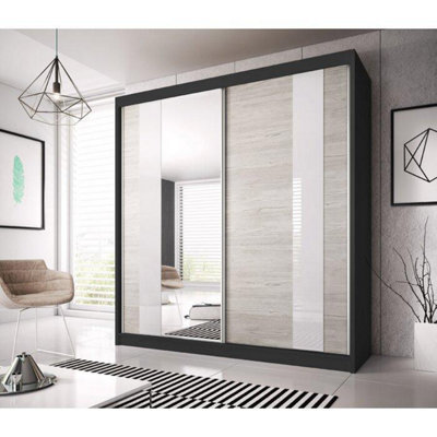 Arte Modern Black Matt Multi Sliding Door Wardrobe W183Cm H218Cm D61Cm - Kathult Oak & White Gloss Front - image 1