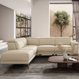 Valencia Pista Modern Top Grain Leather Reclining Sectional Left Hand Facing Chaise Sofa Beige Stainless Steel Legs - thumbnail 4