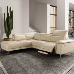 Valencia Pista Modern Top Grain Leather Reclining Sectional Left Hand Facing Chaise Sofa Beige Stainless Steel Legs - thumbnail 2