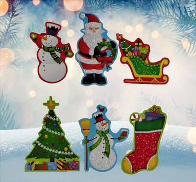 PMS Christmas Wall Decorations 6 Cute Santa Snowman Tree Stocking Glitter Card Decorations - image 1