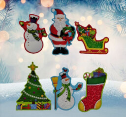 PMS Christmas Wall Decorations 6 Cute Santa Snowman Tree Stocking Glitter Card Decorations - thumbnail 1