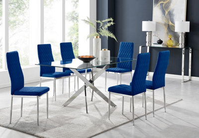 Furniturebox Uk Leonardo 6 Dining Table And 6 Navy Velvet Milan Black Leg Chairs - image 1