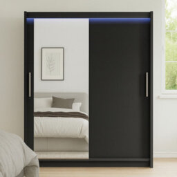 Bega Vi 180 Cm Sliding Doors Wardrobe With Mirror Hanging Rail And Shelves Black With Led Lights - thumbnail 1