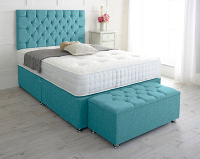 Adore Designs Chesterfield Chenille Divan Bed, With Pocket Mattress & Ottoman Storage Box - 6Ft Super King - Teal - 2 Drawers Same Side