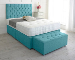 Slumbre Chesterfield Chenille Divan Bed, With Pocket Mattress & Ottoman Storage Box - 6Ft Super King - Teal - 2 Drawers Same Side
