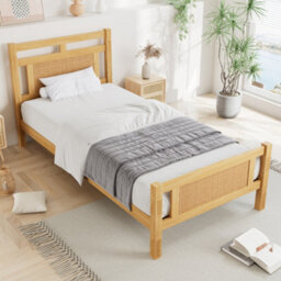 Matteo 3Ft Single Wooden Bed Frame With Rattan Effect Headboard & Sturdy Slats - Natural Pine & Mdf