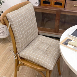 Grey Grid High Back Chair Cushion Seat Pad With Tie Garden Outdoor Indoor - thumbnail 1