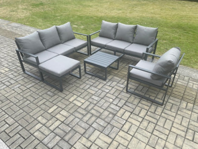 Fimous Aluminium 8 Seater Outdoor Garden Furniture Lounge Sofa Set With Square Coffee Table Chair Big Footstool Dark Grey - image 1