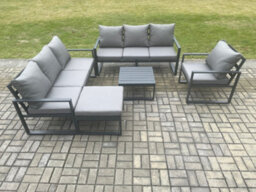 Fimous Aluminium 8 Seater Outdoor Garden Furniture Lounge Sofa Set With Square Coffee Table Chair Big Footstool Dark Grey - thumbnail 2