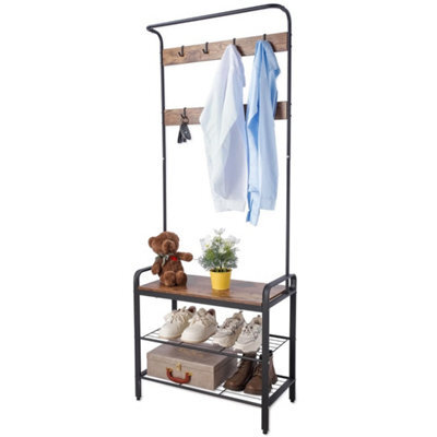 Black & Rustic Oak Entryway Hallway Coat Hanger Hooks Stand & Shoe Bench Storage Display Rack Unit - image 1