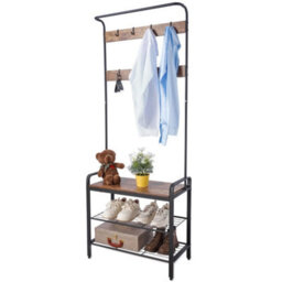 Black & Rustic Oak Entryway Hallway Coat Hanger Hooks Stand & Shoe Bench Storage Display Rack Unit