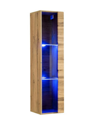 Arte Switch Ww2 Oak Wotan Hung Display Cabinet 30Cm - Natural Wood Wall Showcase With Blue Led Lighting - image 1
