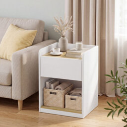 Homcom Bedside Table With Drawer And Shelf, White And Oak - thumbnail 2
