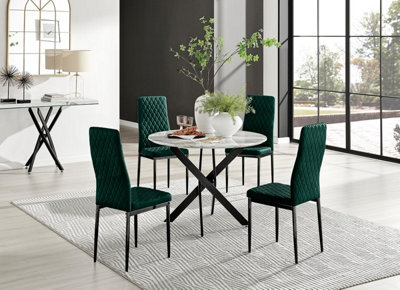 Furniturebox Uk Novara White Marble Black Leg Round Dining Table & 4 Green Velvet Milan Black Leg Chairs - image 1
