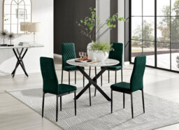 Furniturebox Uk Novara White Marble Black Leg Round Dining Table & 4 Green Velvet Milan Black Leg Chairs