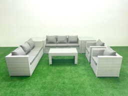 Fimous Outdoor Garden Furniture Rattan Sofa Set 2 Armchairs Oblong Coffee Table 2 Side Tables Light Grey - thumbnail 1