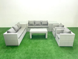 Fimous Outdoor Garden Furniture Rattan Sofa Set 2 Armchairs Oblong Coffee Table 2 Side Tables Light Grey - thumbnail 2