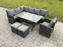 Fimous Outdoor Rattan Garden Furniture Corner Sofa Set With Rectangular Dining Table 2 Small Footstools Armchair - thumbnail 1