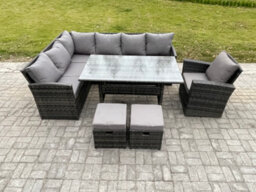Fimous Outdoor Rattan Garden Furniture Corner Sofa Set With Rectangular Dining Table 2 Small Footstools Armchair - thumbnail 2