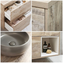 Homestylestore Light Oak 594mm Wall Hung Bathroom Vanity Unit Round Pebble Countertop Basin Open Shelf - thumbnail 2