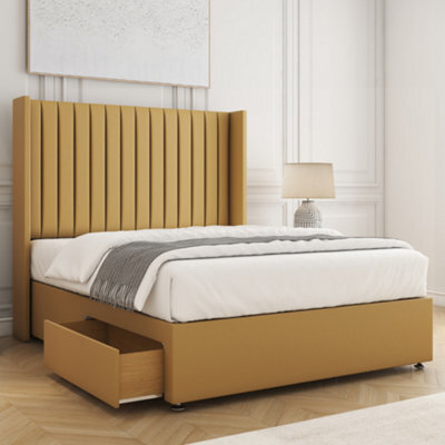 Bsspoke Manhattans Divan Bed Mustard Plush Velvet 54Inch Wingedback Headboard & 2 Drawers Footend & Mattress In All Sizes - image 1
