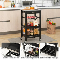 Black Rolling Kitchen Storage Trolley Stainless Top - thumbnail 6