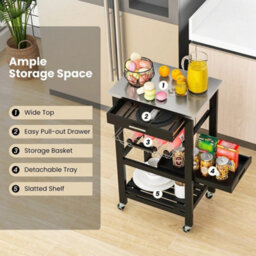 Black Rolling Kitchen Storage Trolley Stainless Top - thumbnail 4