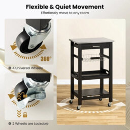 Black Rolling Kitchen Storage Trolley Stainless Top - thumbnail 5