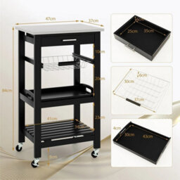 Black Rolling Kitchen Storage Trolley Stainless Top - thumbnail 2