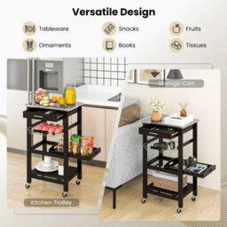 Black Rolling Kitchen Storage Trolley Stainless Top - thumbnail 3