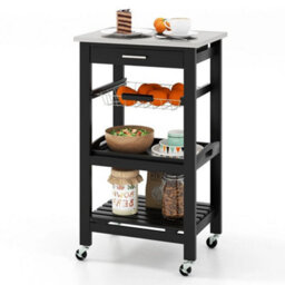 Black Rolling Kitchen Storage Trolley Stainless Top - thumbnail 1