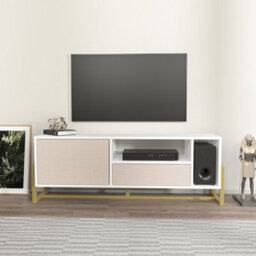 Decorotika Utopia Tv Stand Tv Unit Tv Cabinet With Shelves And One Cabinet White And Cottonbeige