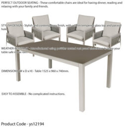 Loops Garden Dining Set - 1.5M Table & 4X Chairs - Light Grey Aluminium & Rope Outdoor - thumbnail 2