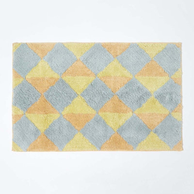 Homescapes Harlequin Pattern Yellow And Grey Cotton Bath Mat - image 1