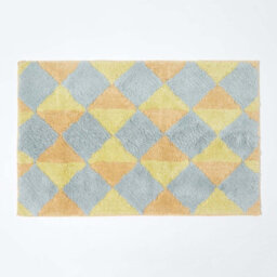 Homescapes Harlequin Pattern Yellow And Grey Cotton Bath Mat - thumbnail 1