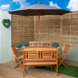 Samuel Alexander Outdoor 6 Person Folding Rectangular Wooden Garden Dining Table Chairs And 2 Benches Grey Parasol And Base Set - thumbnail 1