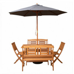 Samuel Alexander Outdoor 6 Person Folding Rectangular Wooden Garden Dining Table Chairs And 2 Benches Grey Parasol And Base Set - thumbnail 9