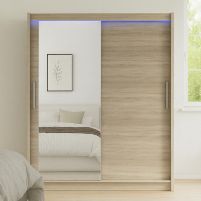 Bega Vi 180 Cm Sliding Doors Wardrobe With Mirror Hanging Rail And Shelves Sonoma With Led Lights - image 1