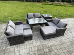 Fimous Outdoor Lounge Sofa Set Wicker Pe Rattan Garden Furniture Set With Rectangular Dining Table 2 Seat Sofa Side Table - thumbnail 1