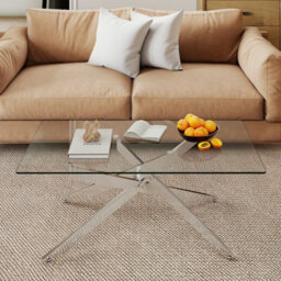 Costway Glass Coffee Table Rectangle Center Table With Metal Tubular Legs-Sliver - thumbnail 3