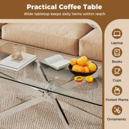 Costway Glass Coffee Table Rectangle Center Table With Metal Tubular Legs-Sliver - thumbnail 7