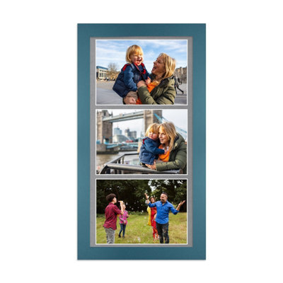 AK Frames 16X8 Navy Blue Modern Multi Photo Frame With Mid Grey Mount - Holds 3 Apertures (3X) 7X5 Photos - image 1
