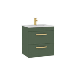Royal Bathrooms Turin 500mm Wall Hung Vanity Unit Matt Green 2 Drawer Minimalist Basin With Brushed Brass Handles - thumbnail 6