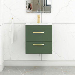 Royal Bathrooms Turin 500mm Wall Hung Vanity Unit Matt Green 2 Drawer Minimalist Basin With Brushed Brass Handles