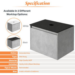 Plum&clay Rigel Concrete Grey Wall Hung Bathroom Vanity Unit With Black Worktop (W)600mm (H)450mm - thumbnail 4