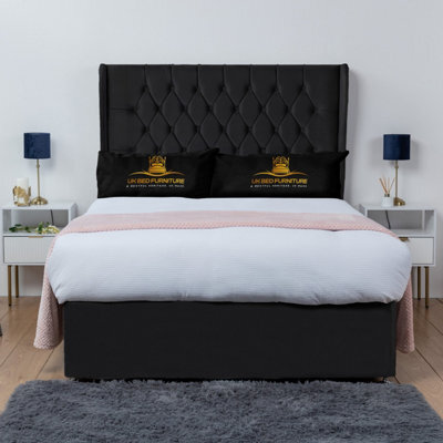 UKBEDFURNITURE Mary Black Plush Wingback Divan Bed Base With 54 Inch Headboard & 10 Inch Orthopaedic Mattress - No Storage - image 1
