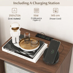 Costway Freestanding Turntable Stand 3-Tier Side Table W/ Charging Station Walnut - thumbnail 6
