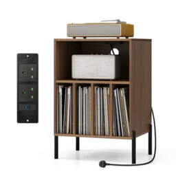 Costway Freestanding Turntable Stand 3-Tier Side Table W/ Charging Station Walnut - thumbnail 1